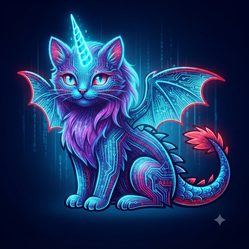 Kopi, la mascota del proyecto: un gato-dragón-unicornio digital